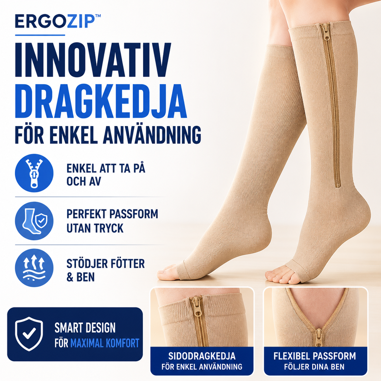 ErgoZip™ Kompressionsstrumpor med Dragkedja