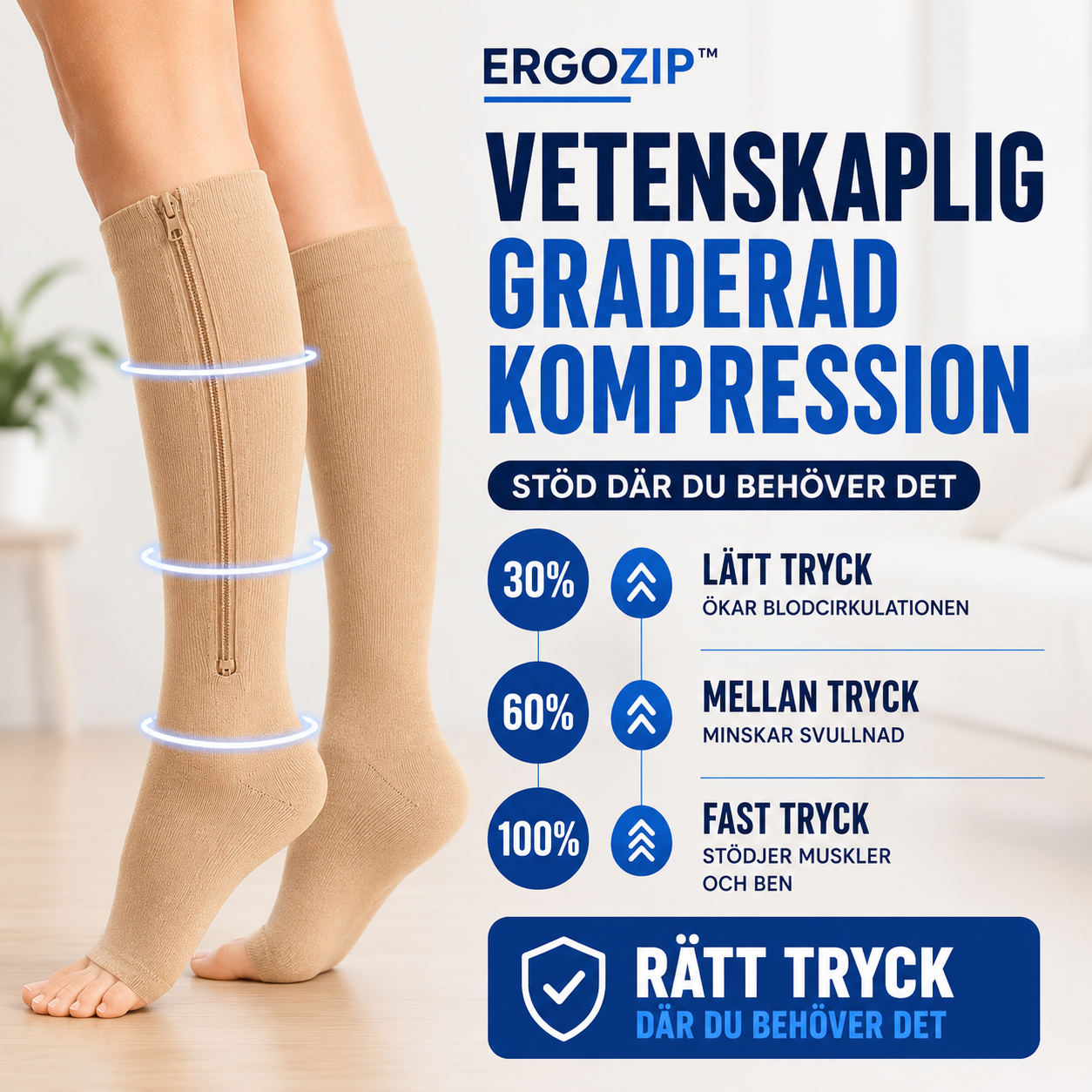 ErgoZip™ Kompressionsstrumpor med Dragkedja